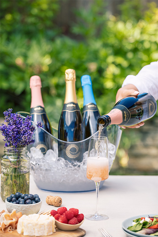 3 bottles of evolve sparkling wine in an ice bucket